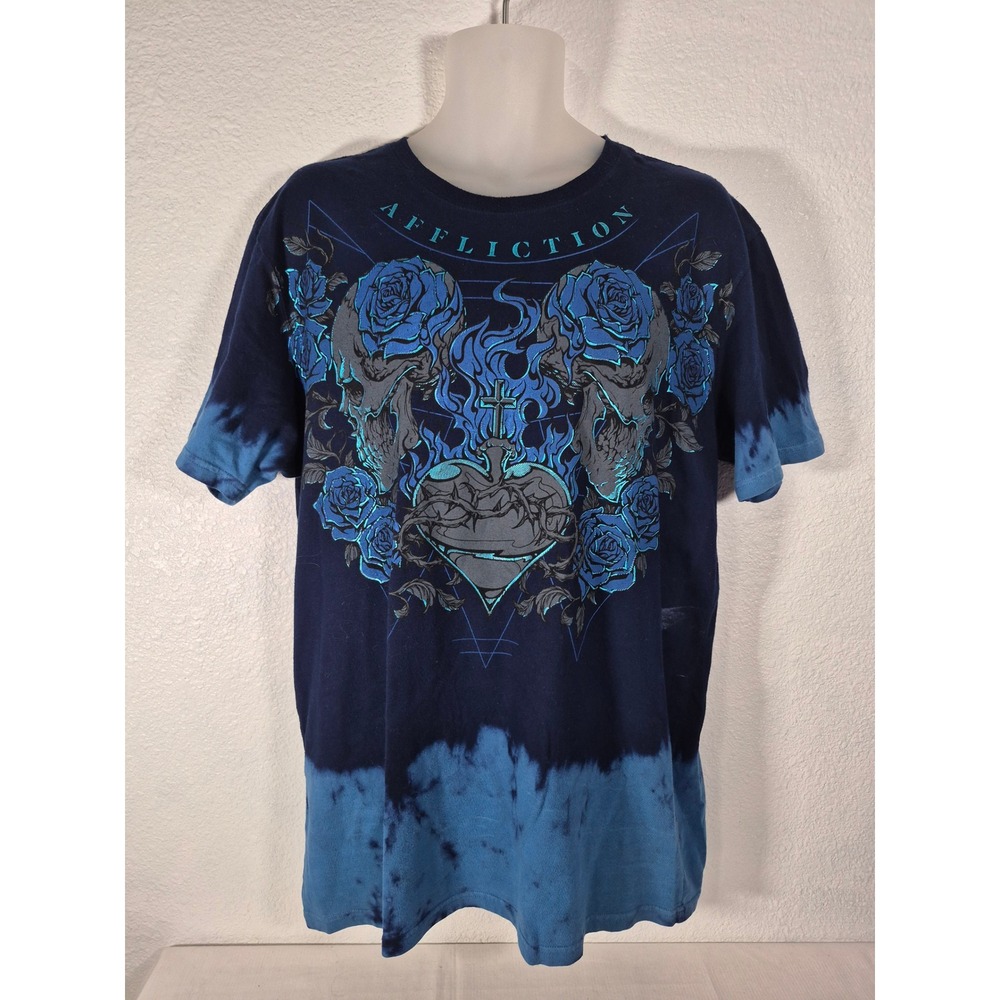 Affliction Black Label Mens Large Short Sleeve T-Shirt Blue Tie Dye "Lifesblood"